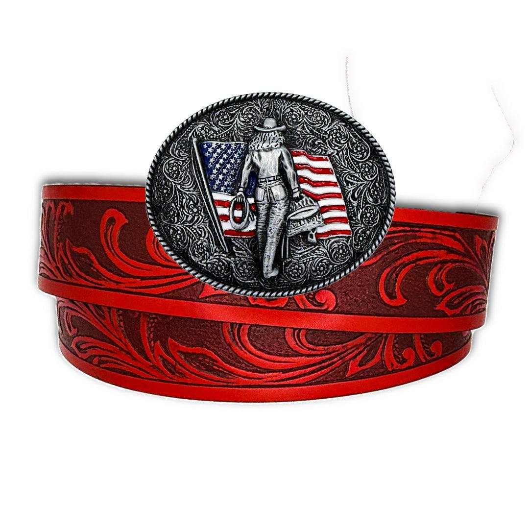 Red American Crush Western Belt with embossed floral design and silver oval buckle featuring a cowgirl silhouette and USA flag.
