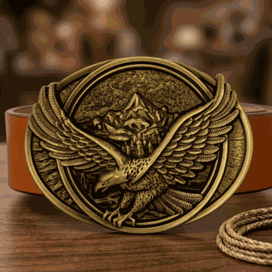 Antiqued silver-tone eagle belt buckle with soaring eagle and mountain design