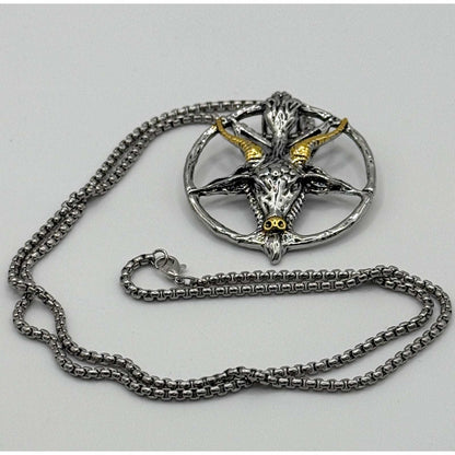 TornSlayer Goat Head Pentagram Necklace with silver and gold goathead pendant and 22-inch chain.