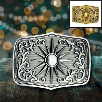 Antique silver boho sunburst belt buckle with floral engravings and vintage finish
