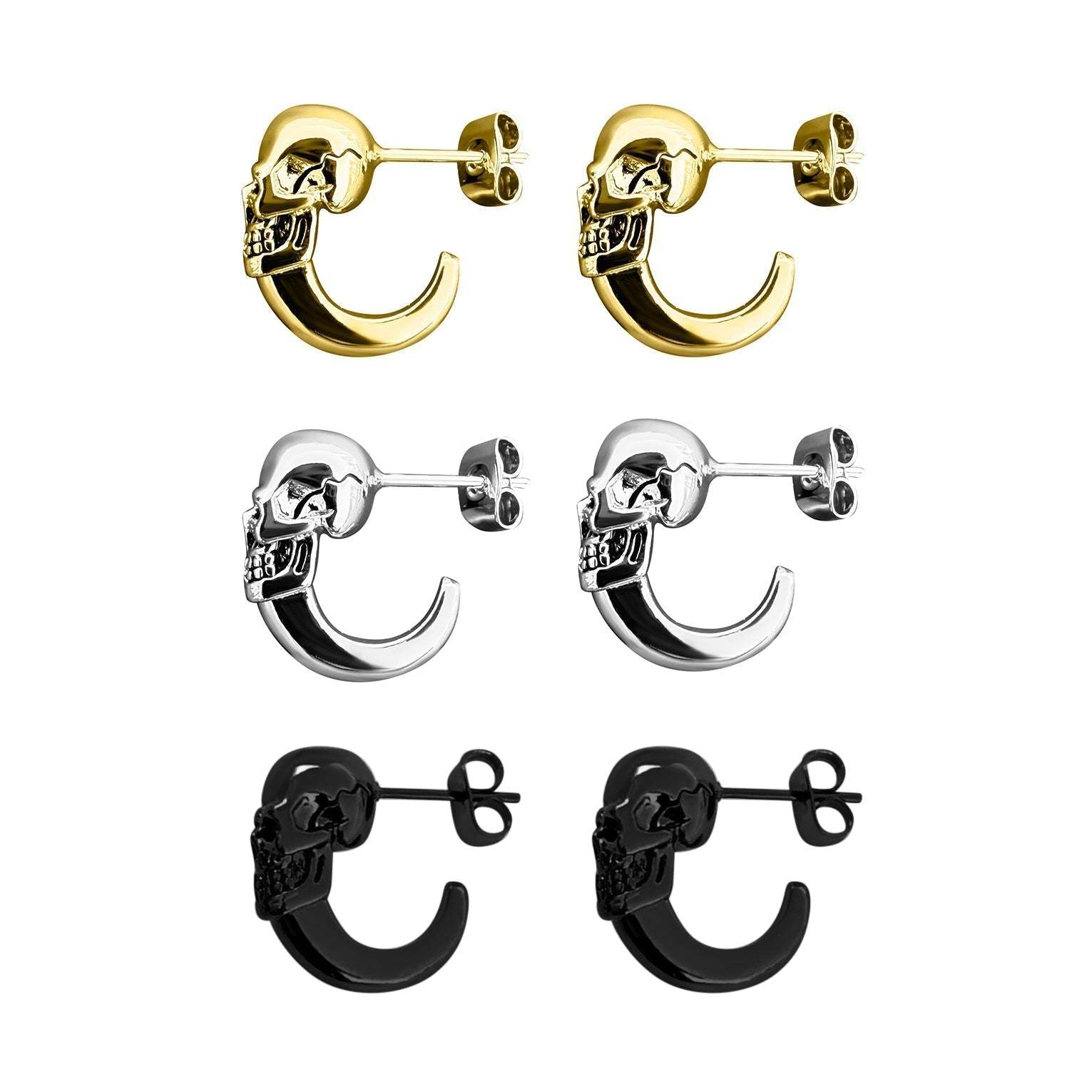 All three colors of skull earrings with half hoops in a vertical row.