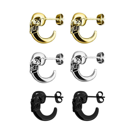 All three colors of skull earrings with half hoops in a vertical row.