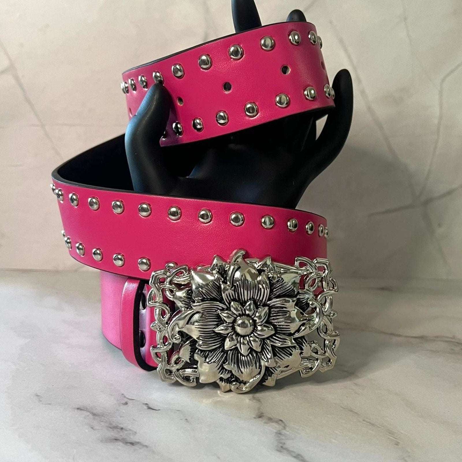 Studded Hot Pink Flower Buckle - One Piece Belt