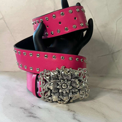Studded Hot Pink Flower Buckle - One Piece Belt