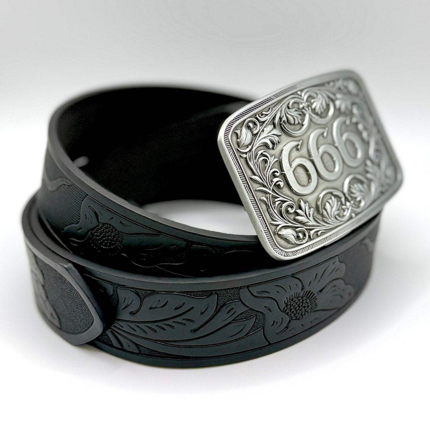 TornSlayer Silver 666 Western Buckle with Black PU Leather Belt