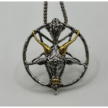 TornSlayer Goat Head Pentagram Necklace in silver and gold on a 22" chain.