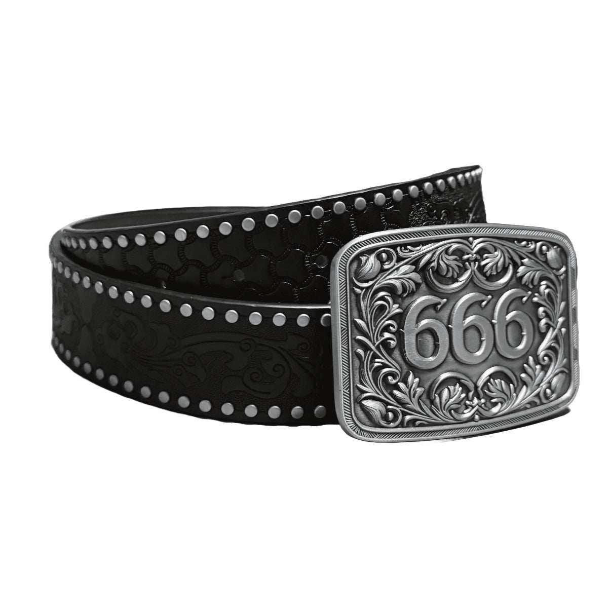 Black studded gothic belt with decorative 666 silver buckle and embossed design