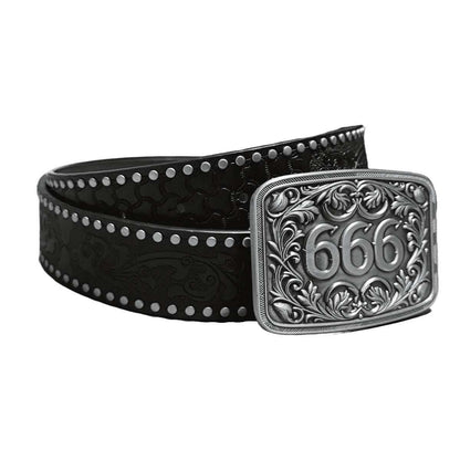 Black studded gothic belt with decorative 666 silver buckle and embossed design