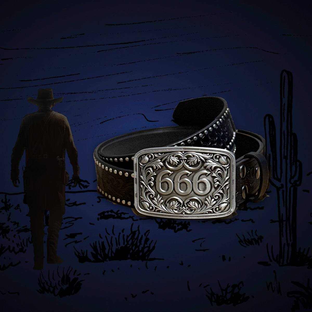 Studded gothic belt with ornate 666 metal buckle on black leather strap