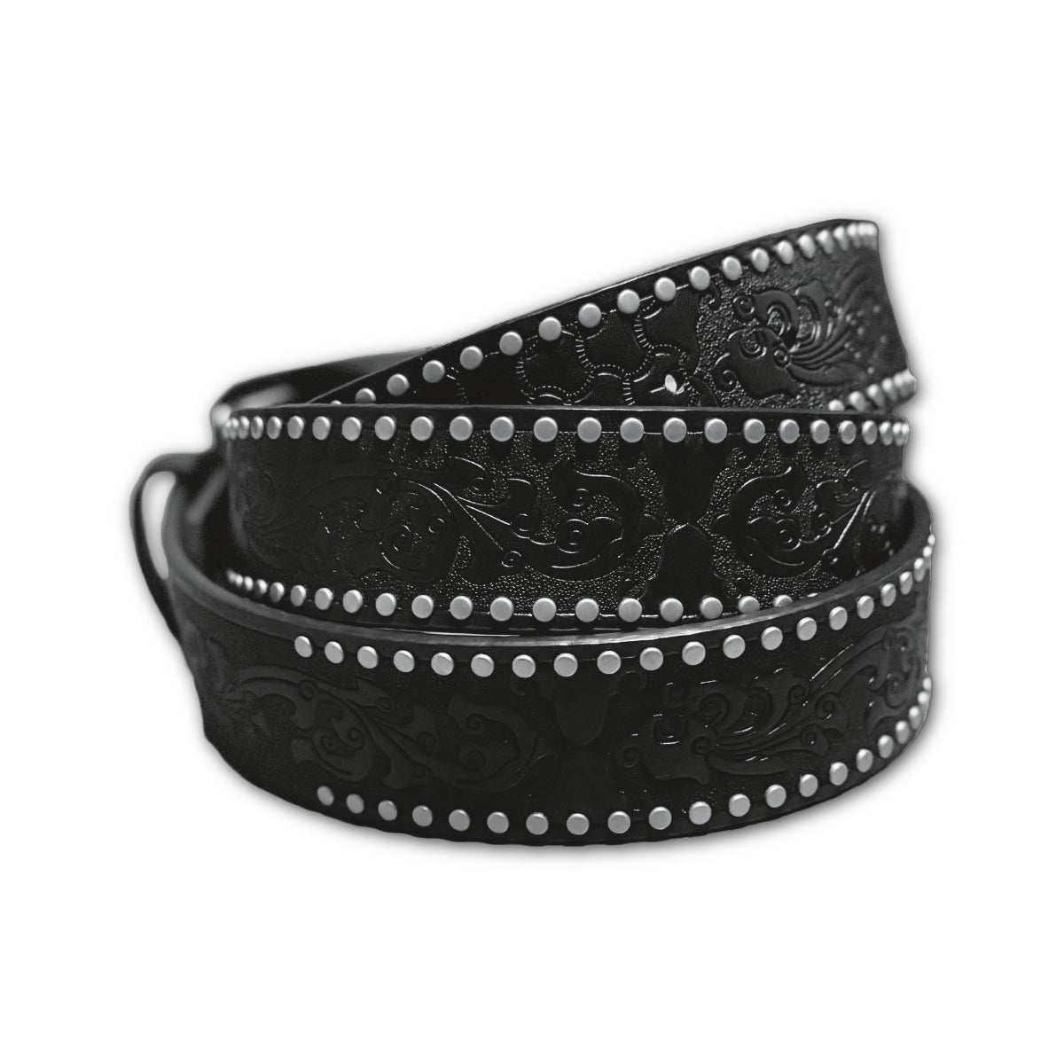Black studded gothic belt with embossed design and 666 buckle