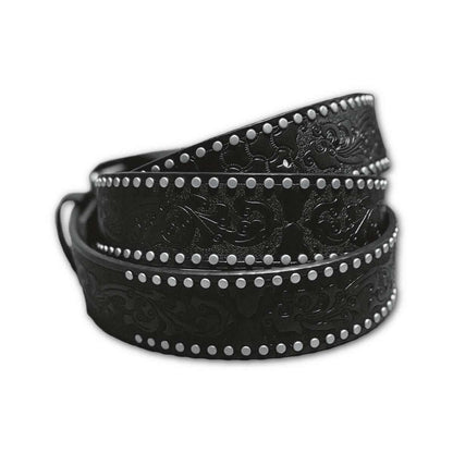 Black studded gothic belt with embossed design and 666 buckle