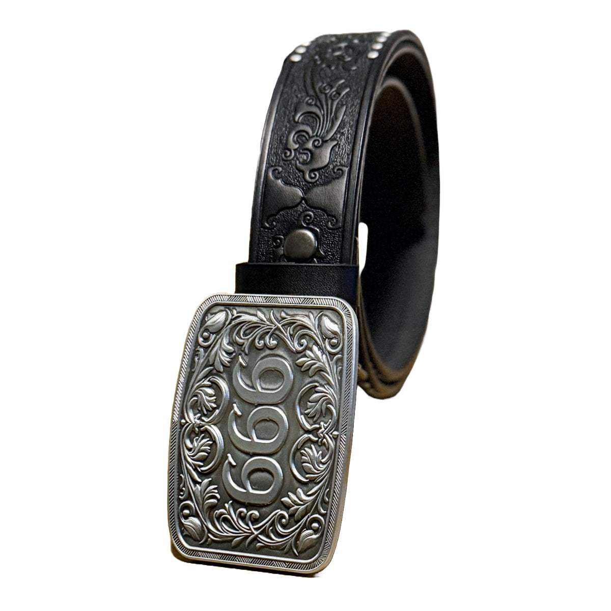 Black studded gothic belt with ornate 666 engraved buckle and embossed floral design
