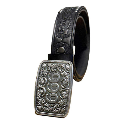 Black studded gothic belt with ornate 666 engraved buckle and embossed floral design