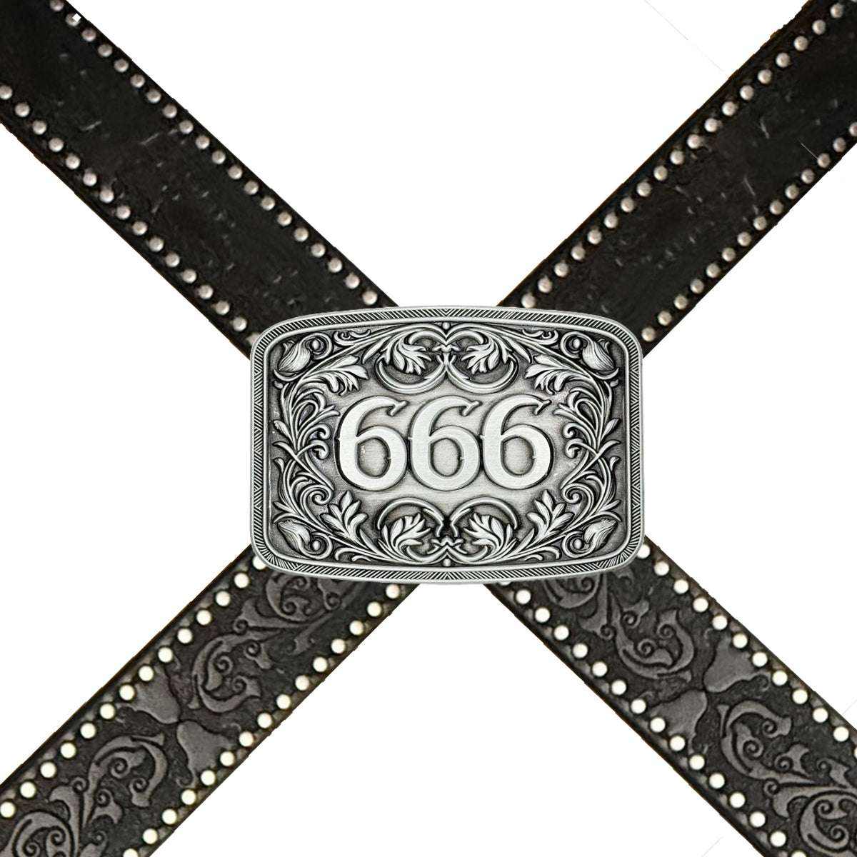 Studded gothic belt with embossed floral pattern and ornate 666 metal buckle