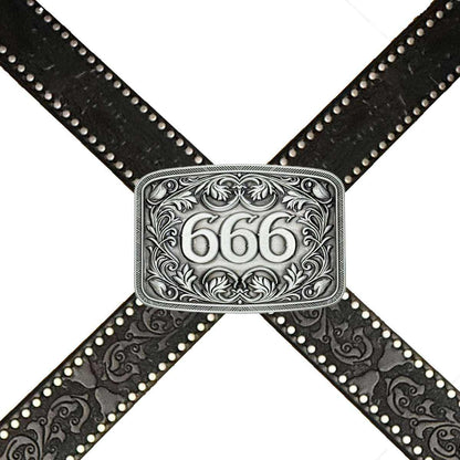 Studded gothic belt with embossed floral pattern and ornate 666 metal buckle