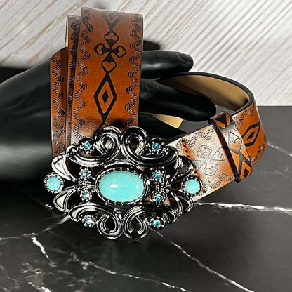 Beautiful brown belt with silver and turquoise buckle