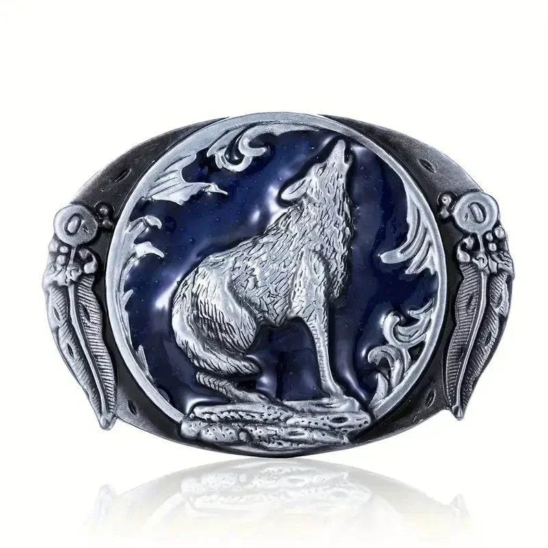 Wolf howling at moon belt buckle with intricate details.