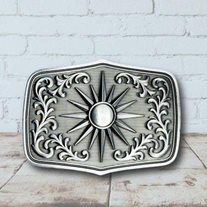 Antique silver boho sunburst belt buckle with floral engravings and western design