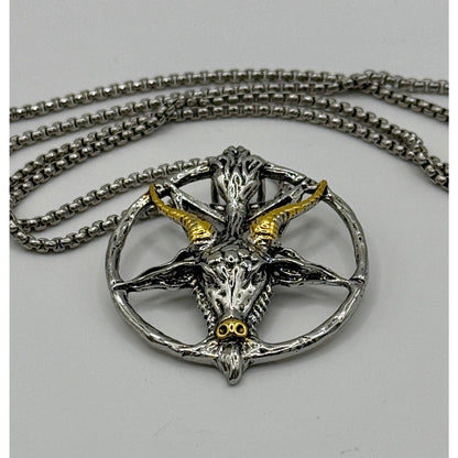 TornSlayer Goat Head Pentagram Necklace with silver and gold detailing, 22" chain.