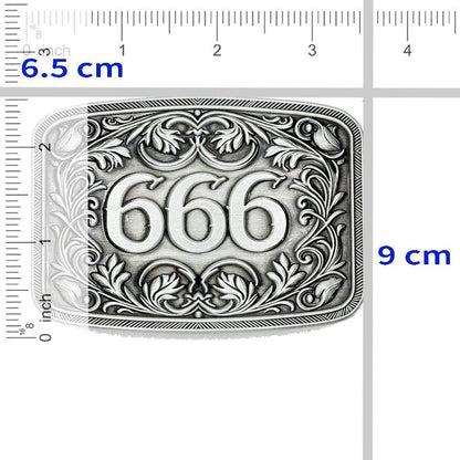 666 Buckle with floral scrollwork design, 6.5 cm x 9 cm.