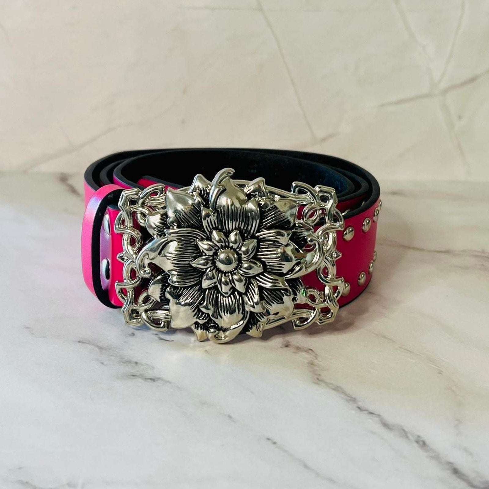 Studded Hot Pink Flower Buckle - One Piece Belt
