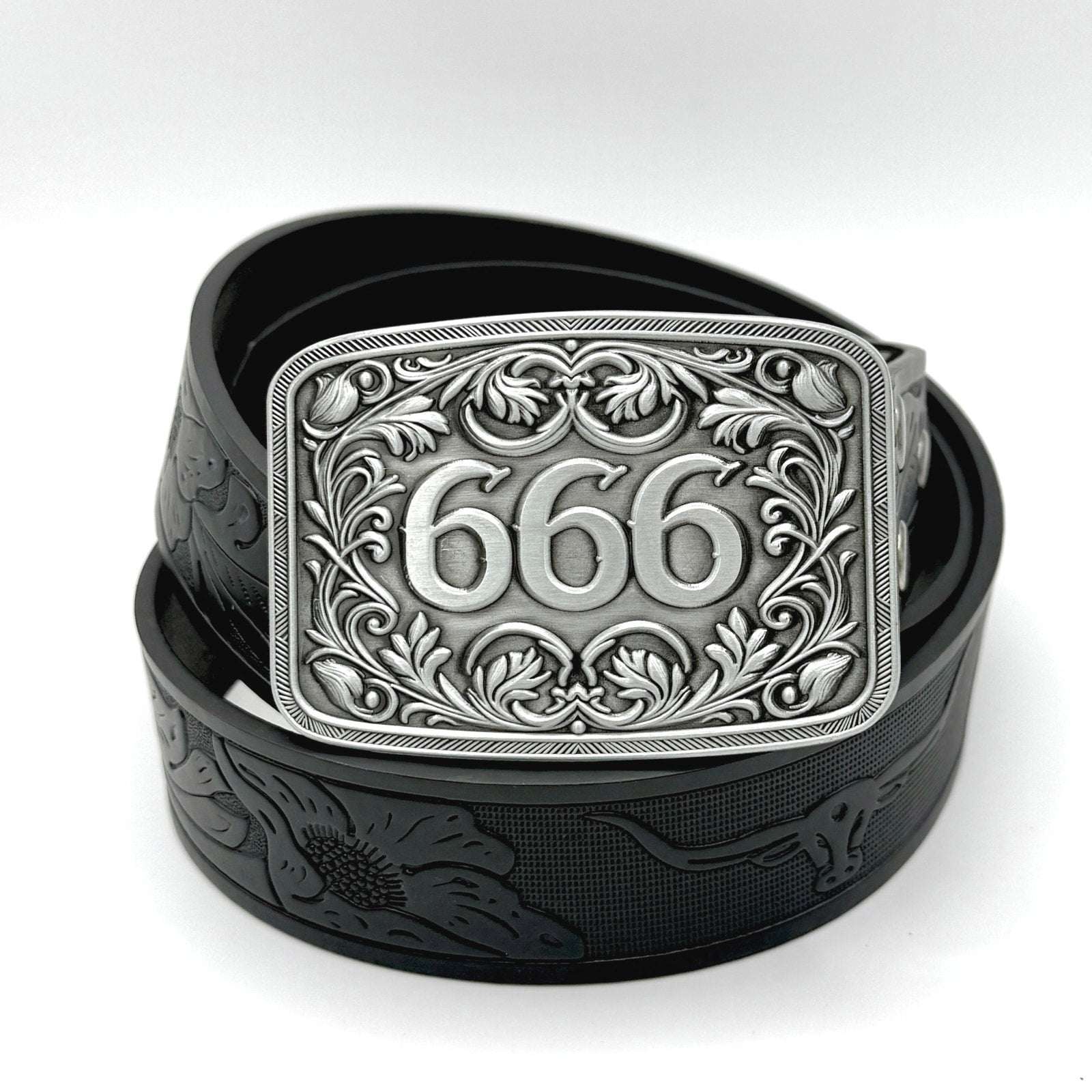 Silver 666 Western buckle with black PU leather snap-on belt from TornSlayer.
