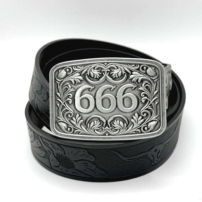 Silver 666 Western buckle with black PU leather snap-on belt from TornSlayer.