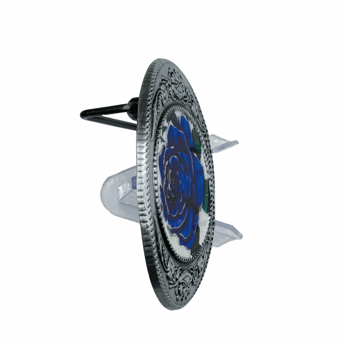 Blue Rose Belt Buckle with Antique Silver Frame and Floral Center