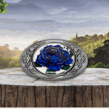 Blue Rose Belt Buckle with 3D antique silver frame and floral center.