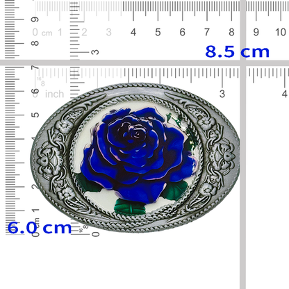 Blue Rose Belt Buckle with vintage silver frame and floral design, measures 8.5cm by 6.0cm.