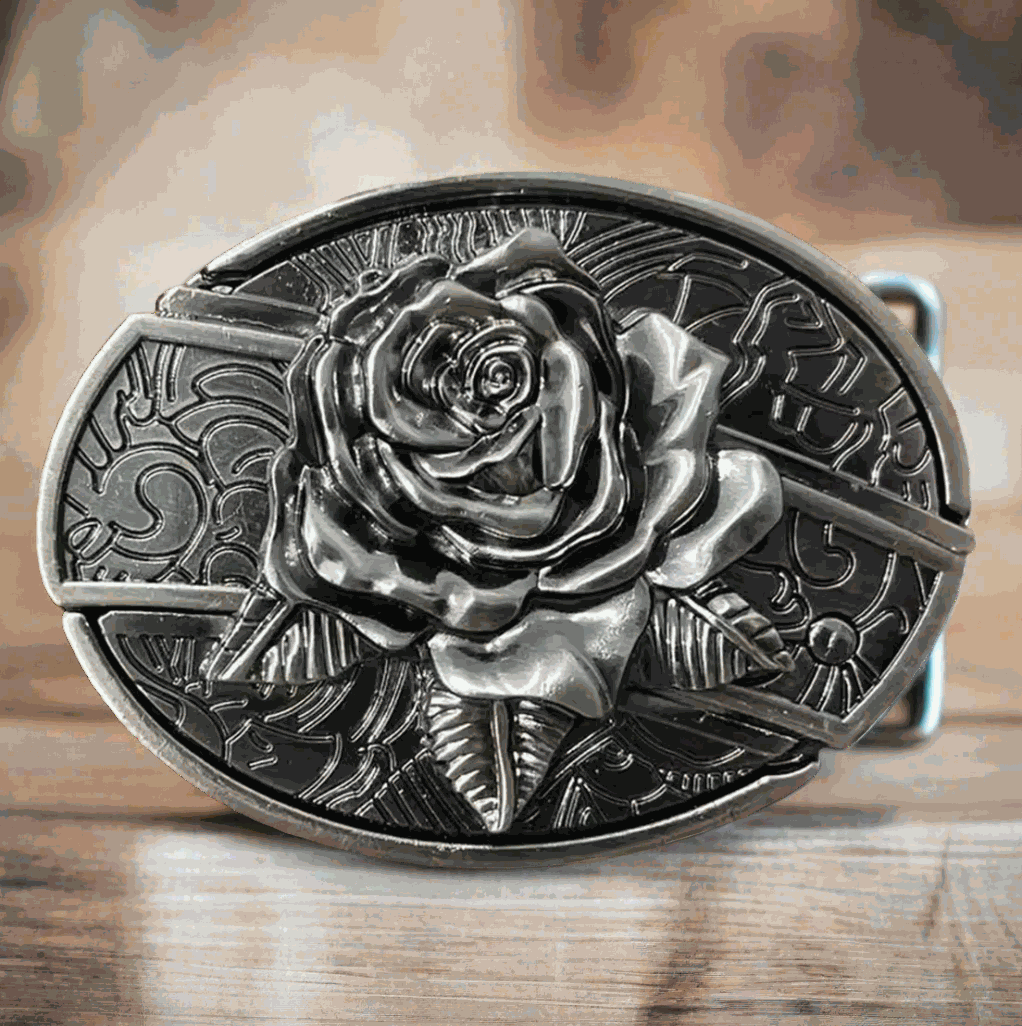 Hidden Knife: Vintage Rose 3D Silver Belt Buckle