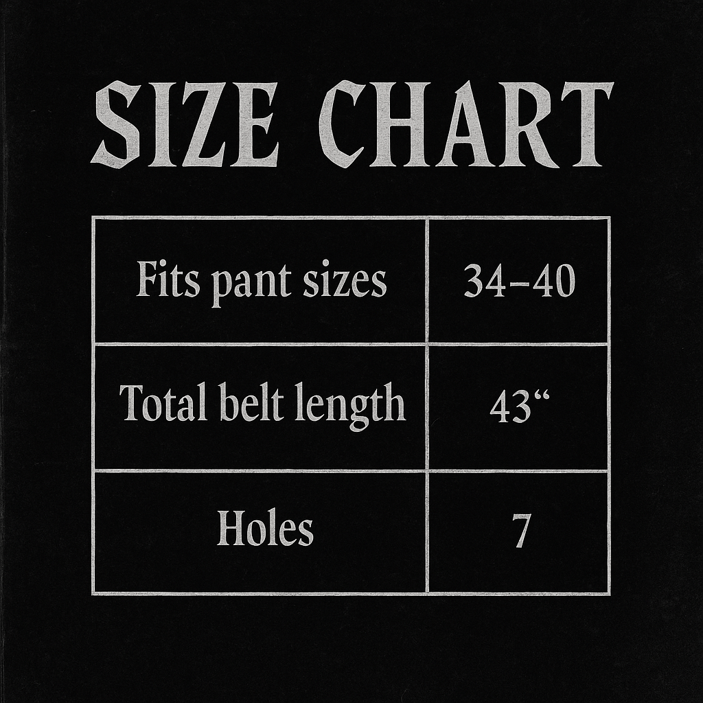 Size chart for studded gothic belt with 666 buckle, fits pant sizes 34-40, length 43 inches, 7 holes