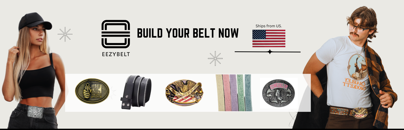 Woman and a man showcasing belts and buckles from cowboy to goth style from EEZYBELT.com.