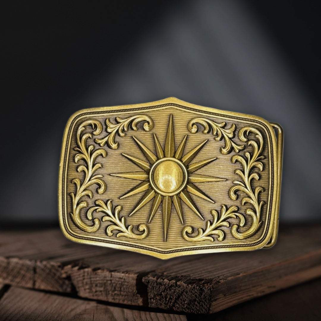 Gold belt buckle on a table with black background.