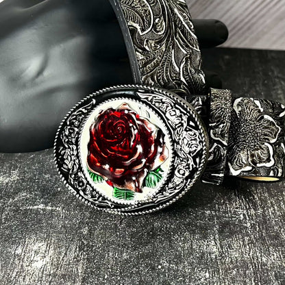 Vintage rose flower belt buckle in red and antique silver colors