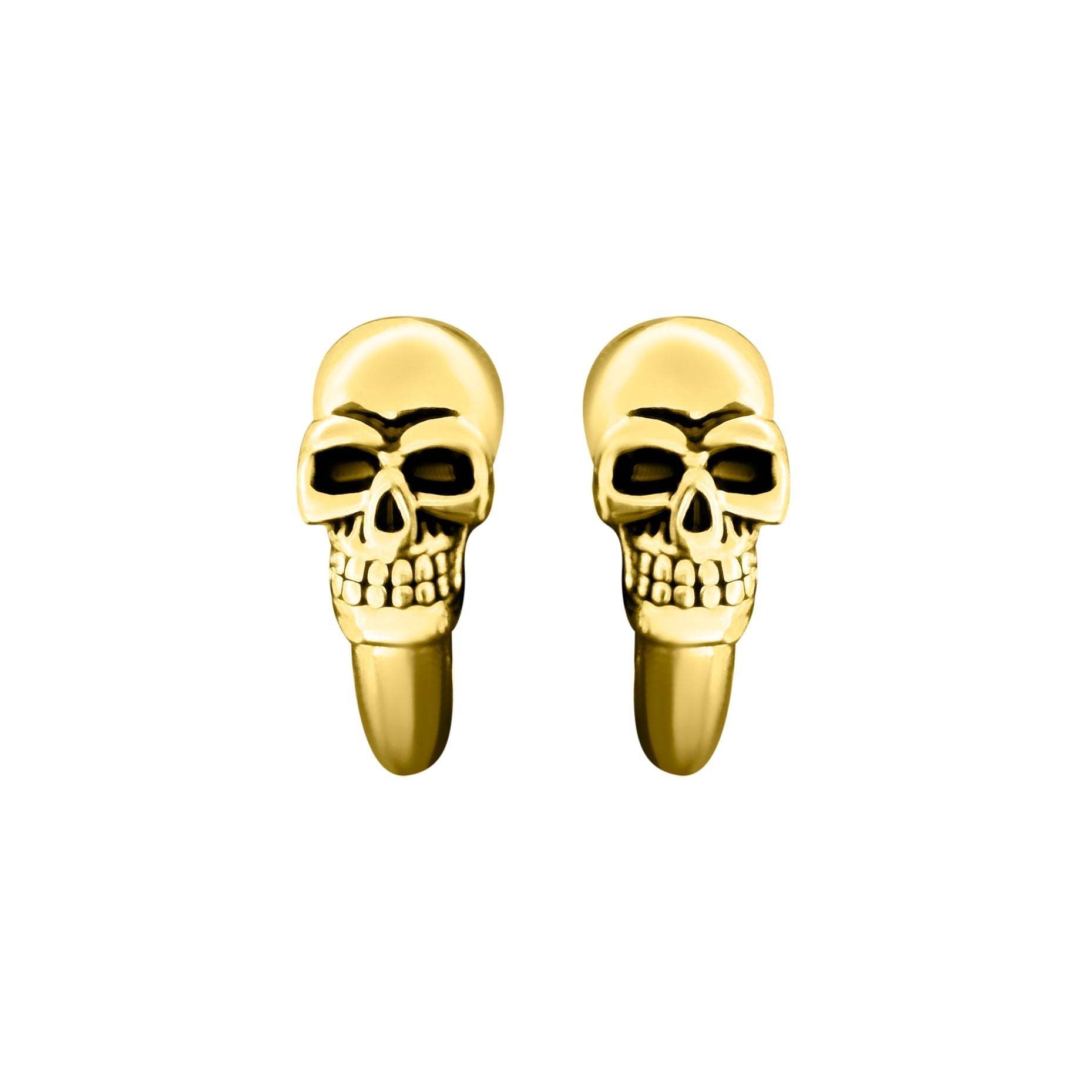 Gold skull earrings straight on view.