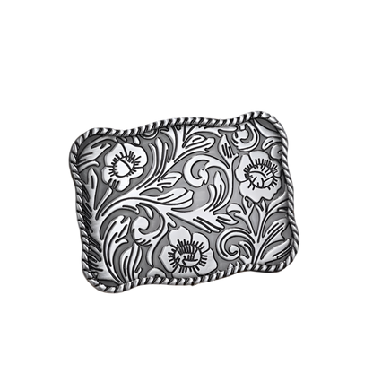 Vintage-inspired floral belt buckle with embossed detailing and silver-tone finish.