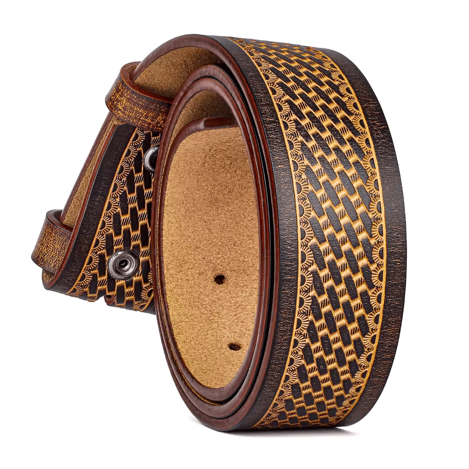 Brown leather belt strap with basket weave pattern and snap closure.