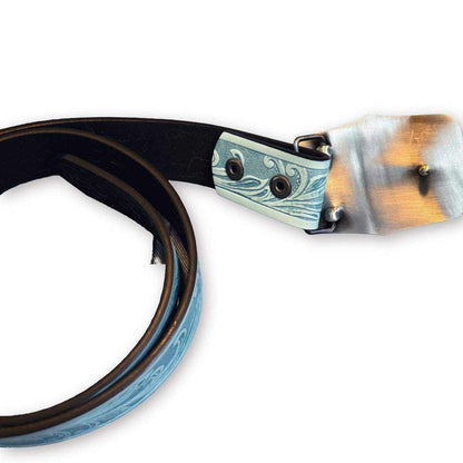 Sky blue belt with silver sun western buckle, bold and breezy style