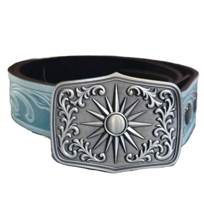 Sky blue belt with intricate silver sun western buckle