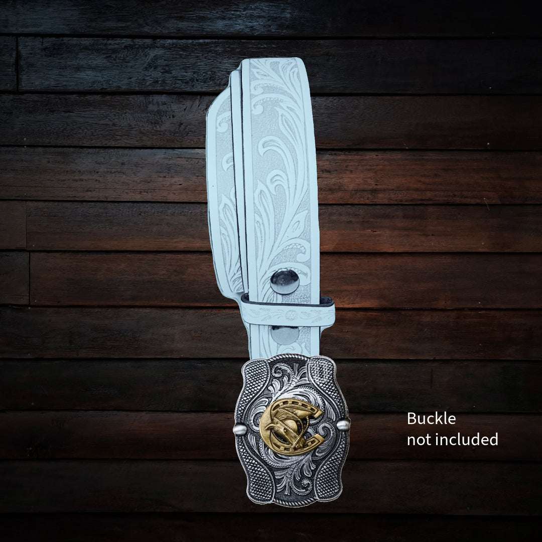Light blue faux leather belt strap with floral design and snaps for buckle swapping, western and boho style accessory