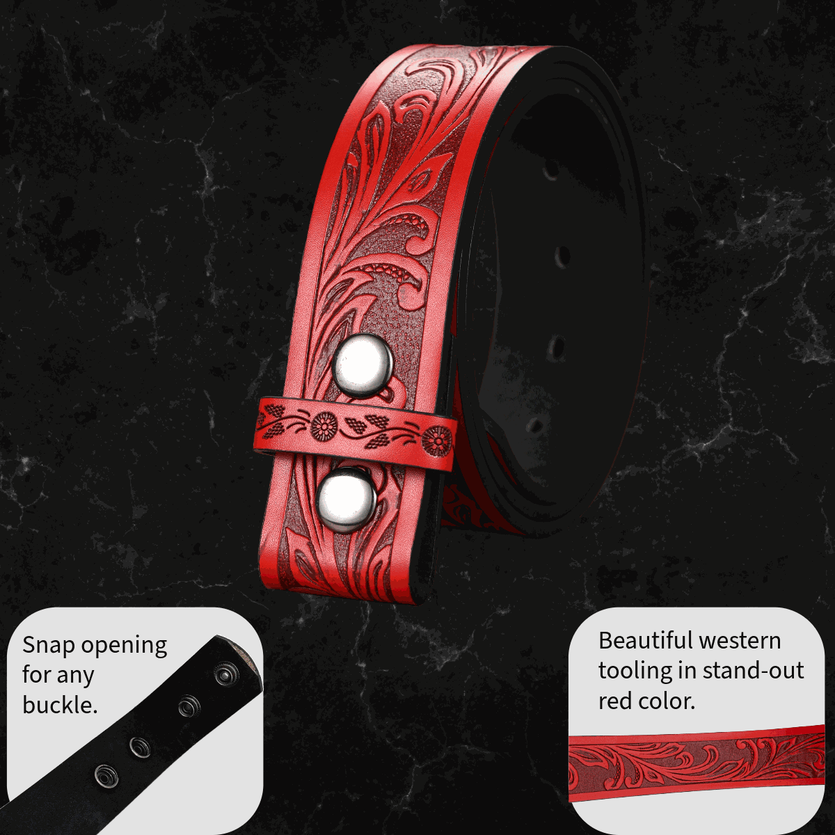 Red tooled faux leather western belt strap with snap-on buckle design and floral pattern
