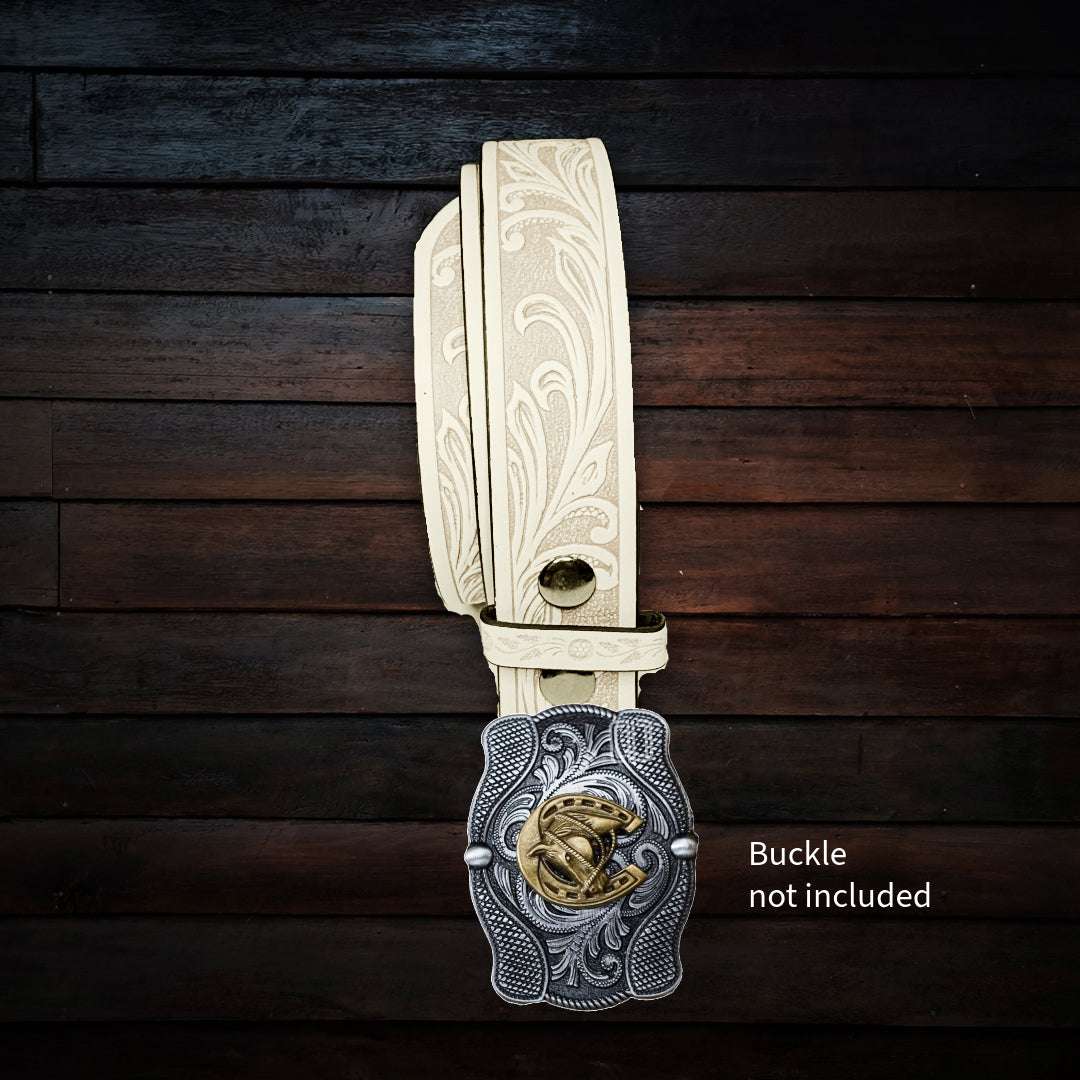 Light blue faux leather belt strap with floral design, western style, buckle not included
