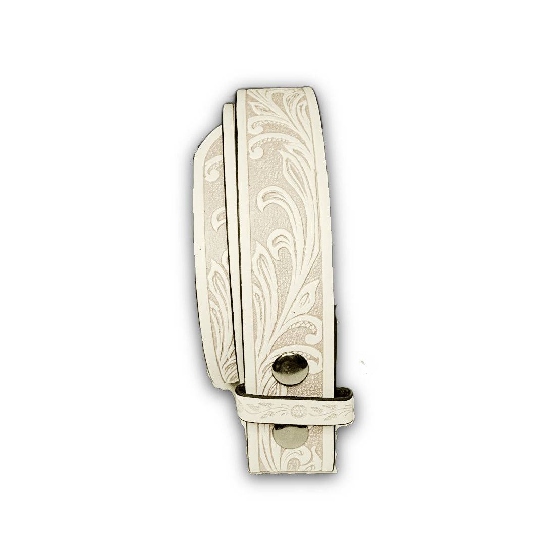 Light blue faux leather belt strap with floral western design and snap buttons for interchangeable buckles