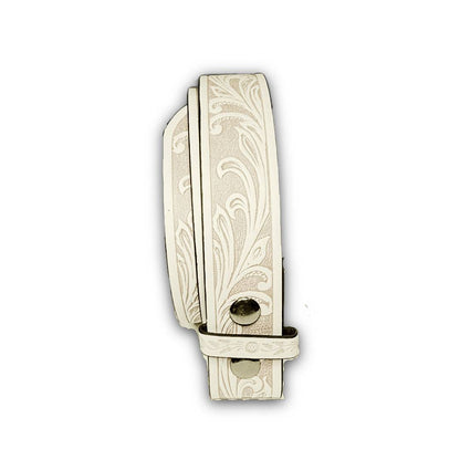 Light blue faux leather belt strap with floral western design and snap buttons for interchangeable buckles