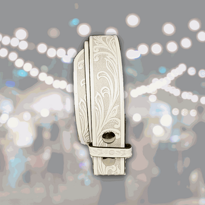 Light blue faux leather belt strap with floral western design and snap closures for interchangeable buckles
