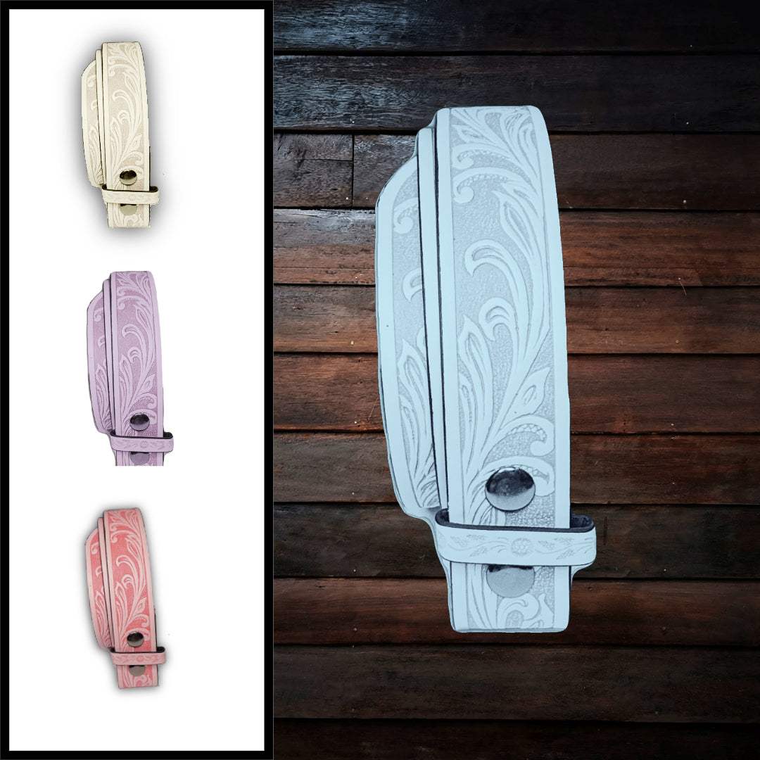 Light blue faux leather belt strap with floral design and snap for buckle attachment.