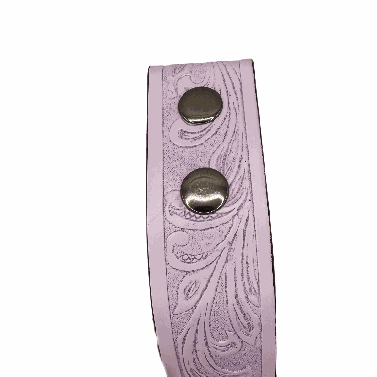 light purple faux leather belt with tooled floral design and snap-on buckle