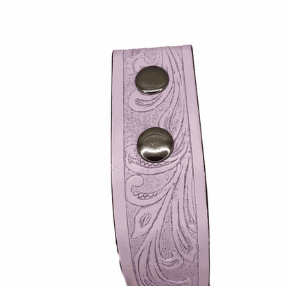 light purple faux leather belt with tooled floral design and snap-on buckle