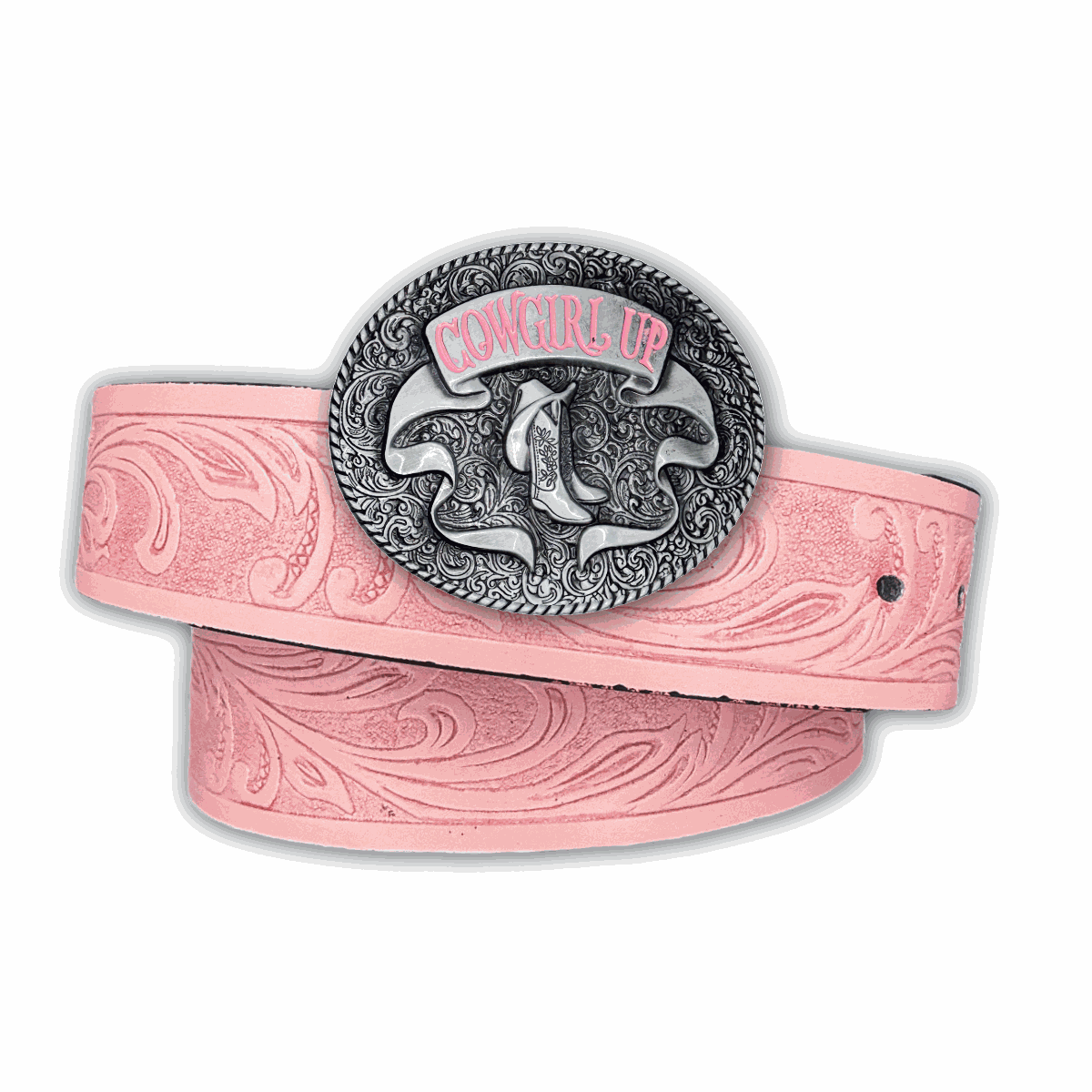 Pink cowgirl up belt with silver embossed buckle featuring decorative cowboy boots and bold pink lettering.